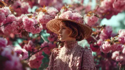 A vintage spring-themed 4K Ultra HD wallpaper showing a woman in a lace dress and wide-brimmed hat surrounded by blooming pink flowers.