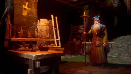 HD PC desktop wallpaper from the video game RuneScape: Dragonwilds, featuring a wizard character standing in a dimly lit, medieval-style workshop with potions and tools.
