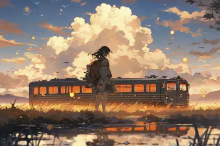 Anime-style scene of a girl standing by a train track with a glowing train and dramatic clouds, captured in vibrant colors as a 4K Ultra HD desktop wallpaper.