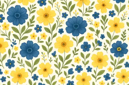 4K Ultra HD desktop wallpaper featuring a vibrant flower pattern with blue and yellow blossoms and green leaves on a light background.