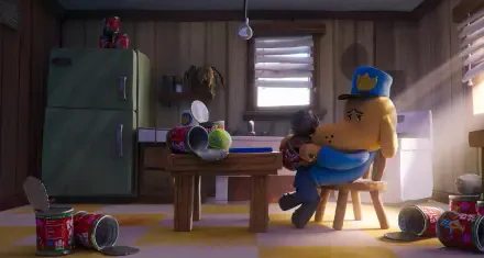 HD PC desktop wallpaper from the movie Dog Man (2025), showing the main character Dog Man sitting on a chair holding a small child in a cozy room with scattered cans.