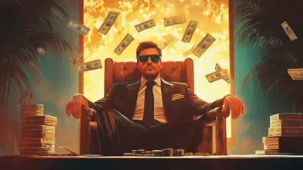 HD PC wallpaper of a confident billionaire businessman in a suit and sunglasses, sitting in a chair surrounded by flying money and stacks of cash.