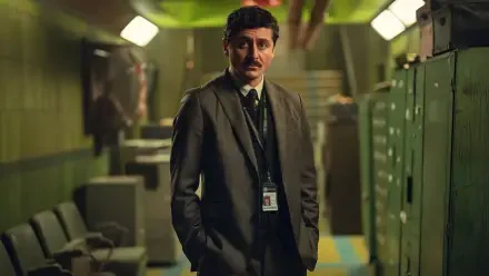 HD PC desktop wallpaper featuring a character from the TV show Dept. Q standing in a dimly lit, industrial-style office corridor.