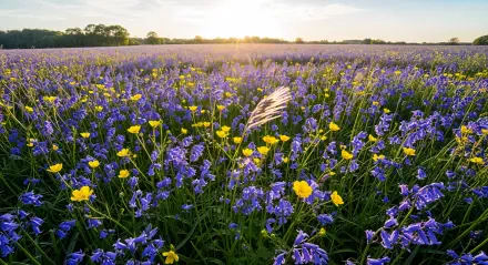 A vibrant flower field with purple and yellow blossoms under the soft glow of a setting sun, captured in stunning 4K Ultra HD for PC desktop wallpaper.