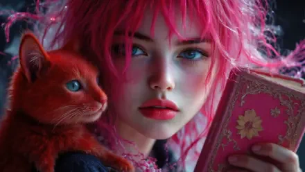 2K Quad HD PC desktop wallpaper: fantasy girl with pink hair and blue eyes holding an ornate book, a red kitten perched on her shoulder.