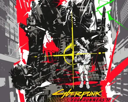 4K Ultra HD PC desktop wallpaper featuring bold, dynamic artwork from the anime Cyberpunk: Edgerunners and Cyberpunk: Edgerunners 2 with vibrant red, black, and yellow accents.