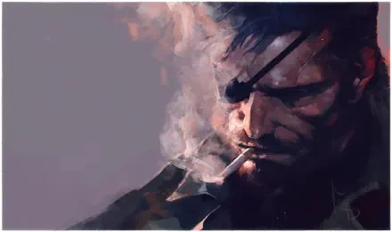 HD PC desktop wallpaper illustration of Venom Snake from the Metal Gear Solid video game, portrayed with intense expression and smoking a cigarette.