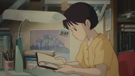 4K Ultra HD anime wallpaper of Shizuku Tsukishima from Studio Ghibli’s Whisper of the Heart, depicted in a calm, lofi-inspired room as she reads a book at her desk.