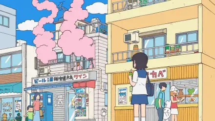 HD PC desktop wallpaper featuring a colorful anime cityscape from City the Animation with characters and buildings under a bright blue sky and pink smoke trails.