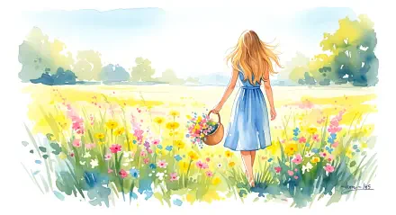 A 4K Ultra HD summer aesthetic wallpaper depicting a woman in a blue dress walking through a vibrant, sunlit flower field holding a basket of wildflowers.