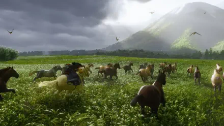 4K Ultra HD desktop wallpaper from the video game Ghost of Yōtei, depicting a character riding a horse across a lush green field with a misty mountain in the background.