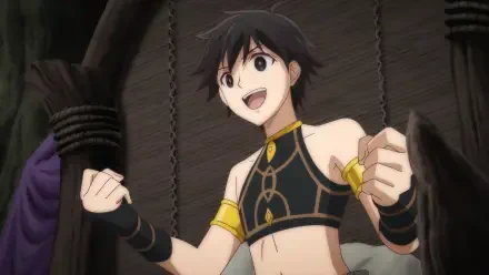 HD anime wallpaper of Apocalypse Bringer Mynoghra featuring a cheerful character with short black hair in a black and gold outfit.