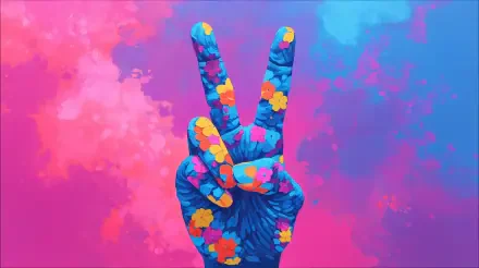 A vibrant hand showing the peace sign, decorated with colorful floral patterns, set against a pink and blue abstract background in 4K Ultra HD quality.