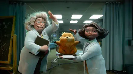 HD PC desktop wallpaper featuring cartoon characters from the movie Hoppers in a laboratory setting with two scientists and a small orange creature.
