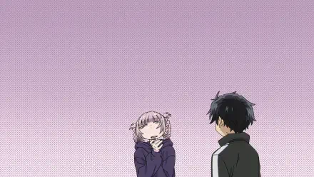 HD anime desktop wallpaper featuring Nazuna Nanakusa and Kou Yamori from Call of the Night against a purple backdrop.
