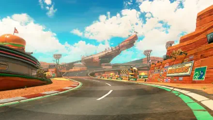 4K Ultra HD Mario Kart world scene showcasing a vibrant racetrack with bright skies and detailed surroundings as a PC desktop wallpaper and background.