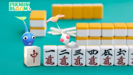 HD PC desktop wallpaper featuring Pikmin characters interacting with Mahjong tiles, with the Pikmin Bloom logo in the corner.