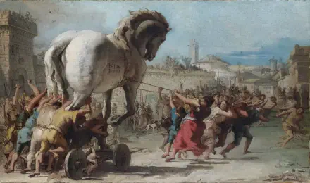 HD oil painting depicting the Trojan Horse being pulled into the city during the Trojan Wars, capturing the dramatic and historic moment.