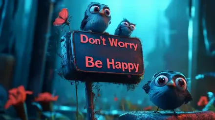 HD PC desktop wallpaper featuring animated birds around a glowing sign that reads Don't Worry Be Happy with a butterfly perched nearby in a serene forest setting.