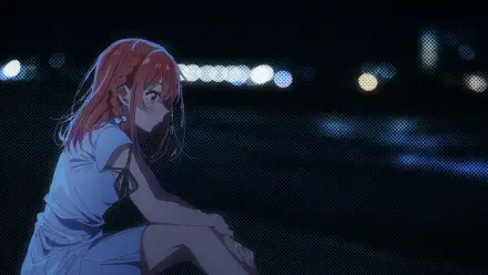 HD PC desktop wallpaper featuring Sumi Sakurasawa from the anime Rent-A-Girlfriend, sitting thoughtfully against a blurred nighttime cityscape background.