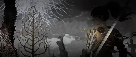 HD PC desktop wallpaper featuring dark, atmospheric gaming art from the video game Wuchang: Fallen Feathers, showing a shadowy figure with a sword against a stormy, eerie backdrop.