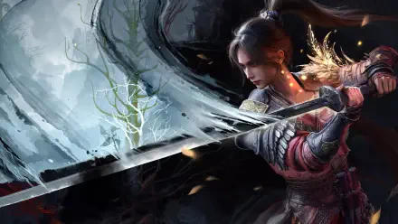 A warrior from the video game Wuchang: Fallen Feathers wields a glowing sword in a dynamic battle pose, rendered in stunning 4K Ultra HD for PC.