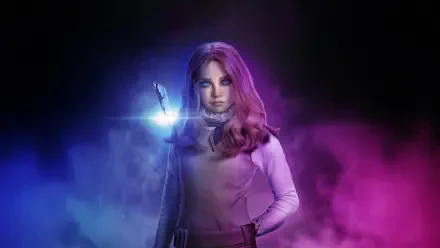 M3GAN 2.0 portrait with glowing purple and blue lighting, captured in 4K Ultra HD for a PC desktop wallpaper and background.