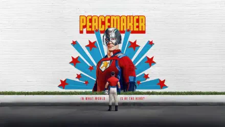 4K Ultra HD PC desktop wallpaper featuring Peacemaker from the TV show, standing before a wall mural with bold red and blue starburst graphics and the Peacemaker logo.