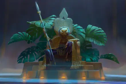 HD desktop wallpaper featuring a character in traditional attire seated on a throne surrounded by large tropical leaves from the TV show Eyes of Wakanda.