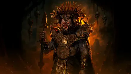 HD PC desktop wallpaper featuring a dark, menacing character from the video game Death Relives, adorned in tribal armor and surrounded by an ominous fiery background.