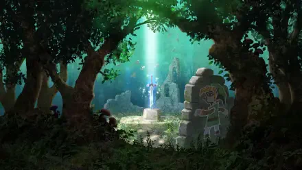 HD desktop wallpaper featuring the Master Sword from The Legend of Zelda: A Link Between Worlds, showcased in a forest setting, designed for Nintendo Switch fans.