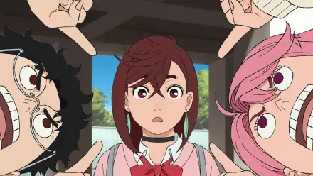 HD PC desktop wallpaper featuring anime characters Momo Ayase, Ken Takakura, and Aira Shiratori from Dandadan in a playful group frame.