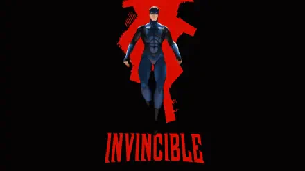 Invincible superhero in a dark suit stands against a red silhouette background, featured in a 4K Ultra HD PC desktop wallpaper and background.