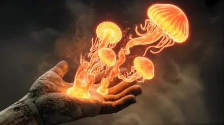 A 4K Ultra HD PC wallpaper featuring a stone hand conjuring glowing, fiery jellyfish-like creatures, illustrating a vivid fire spell against a dark, smoky background.