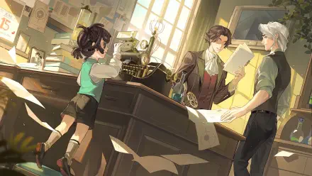 HD PC desktop wallpaper featuring characters from the video game Identity V in a detailed, sunlit room filled with papers and vintage equipment.