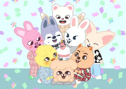 HD PC desktop wallpaper of SKZOO characters, featuring seven colorful, cute animal friends celebrating with confetti against a pastel background.