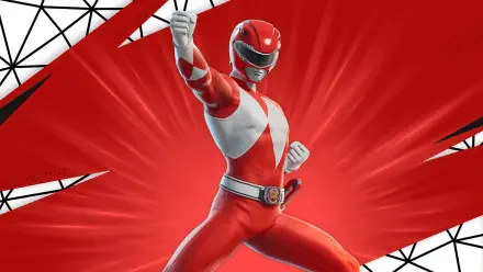 HD PC desktop wallpaper featuring the Red Power Ranger from Fortnite, set against a dynamic red and black background with geometric patterns.