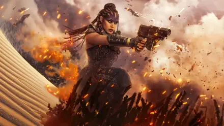 Action-packed 4K Ultra HD PC wallpaper from Rebel Moon - Part Two: The Scargiver, featuring a fierce warrior firing a weapon amid explosive chaos.