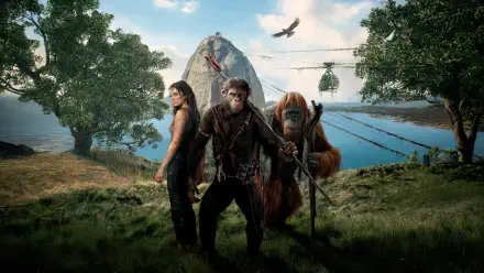 4K Ultra HD PC wallpaper featuring key characters from Kingdom of the Planet of the Apes with a dramatic landscape, including a mountain, helicopter, and soaring bird.