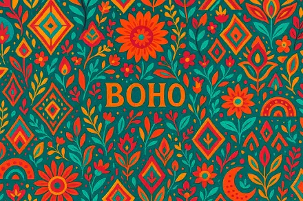 Vibrant boho floral and geometric pattern in orange, teal and green with stylized flowers, leaves and diamonds; 4K Ultra HD PC desktop wallpaper and background.
