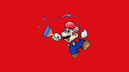 Super Mario in Mario Paint style splashing blue paint from a brush on a bright red background — 4K Ultra HD PC desktop wallpaper and background
