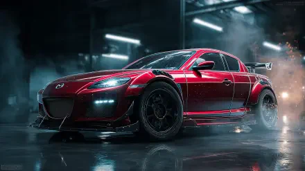 HD PC desktop wallpaper poster of a red tuned Mazda RX-8 with widebody kit, aggressive aero wing and LED lights reflecting on a wet garage floor background.