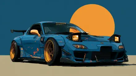 HD PC desktop wallpaper poster of a tuned blue Mazda RX-7 widebody with gold wheels and rear wing, pop-art orange sun against a deep teal backdrop.