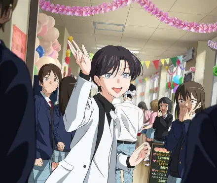 HD PC desktop wallpaper of Marin Kitagawa (My Dress-Up Darling): cheerful Marin waving in a colorful school festival hallway, classmates and festive decorations behind her.