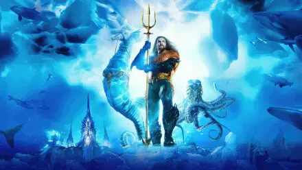 Aquaman and The Lost Kingdom 4K Ultra HD PC desktop wallpaper: Aquaman stands with trident in a glowing blue underwater kingdom, surrounded by sea creatures and submerged ruins.