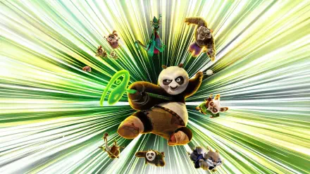 Kung Fu Panda 4 4K Ultra HD PC desktop wallpaper: Po and the Furious Five burst forward through green radiant streaks, striking dynamic kung fu poses around a glowing energy ring.
