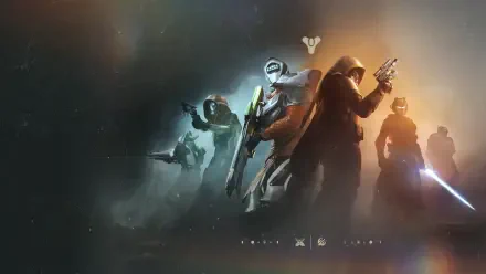 Destiny 2 4K Ultra HD PC desktop wallpaper and background: four armored Guardians wielding weapons, posed against a misty, dramatic, light-filled battlefield backdrop.