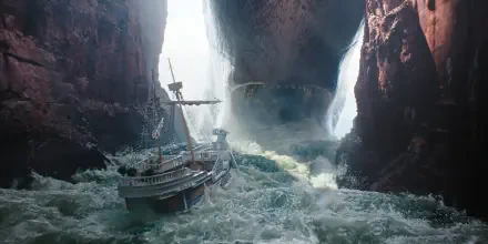 HD PC desktop wallpaper and background from the TV show One Piece (Live Action): a small ship fights raging seas between cliffs as a colossal vessel surfaces through a massive whirlpool.
