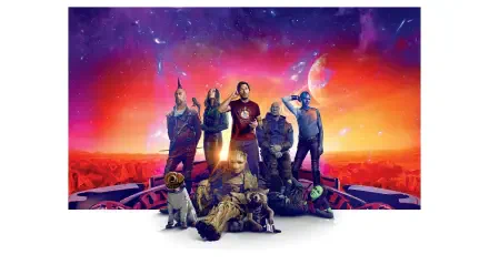 Guardians of the Galaxy Vol. 3 poster-style 8K Ultra HD PC desktop wallpaper showing the team arrayed against a vibrant cosmic sunset with planets on the horizon.
