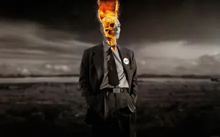 4K Ultra HD PC desktop wallpaper: suited figure with a flaming skull head and atomic-era pin, standing in a desolate landscape — image tagged Oppenheimer.